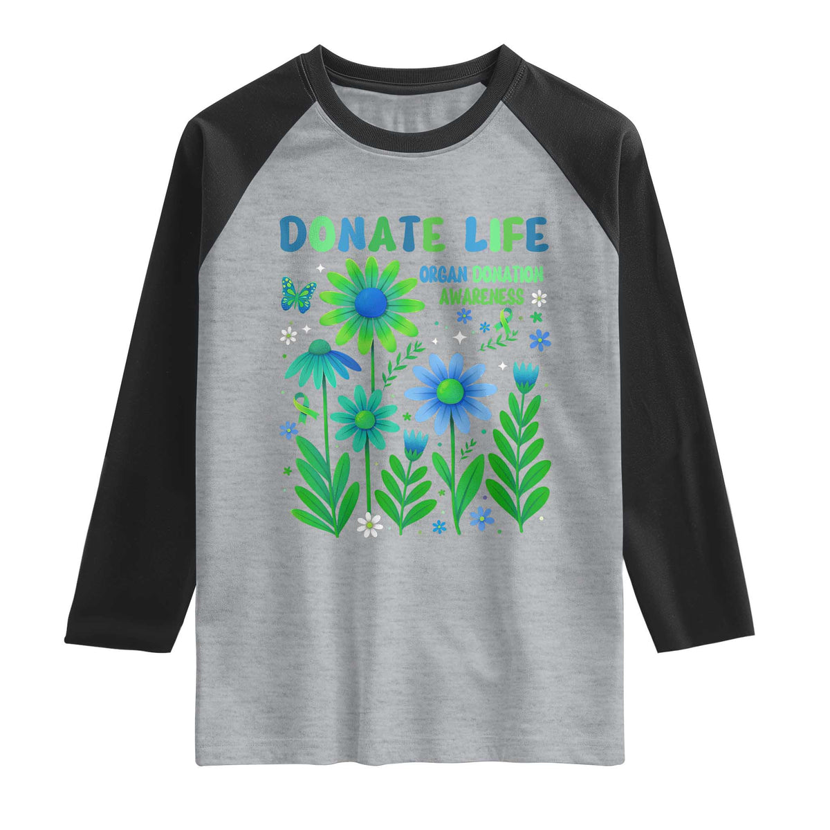 Organ Donation Awareness Raglan Shirt Green Ribbon Donate Life Floral TS10 Heather Gray Black Print Your Wear