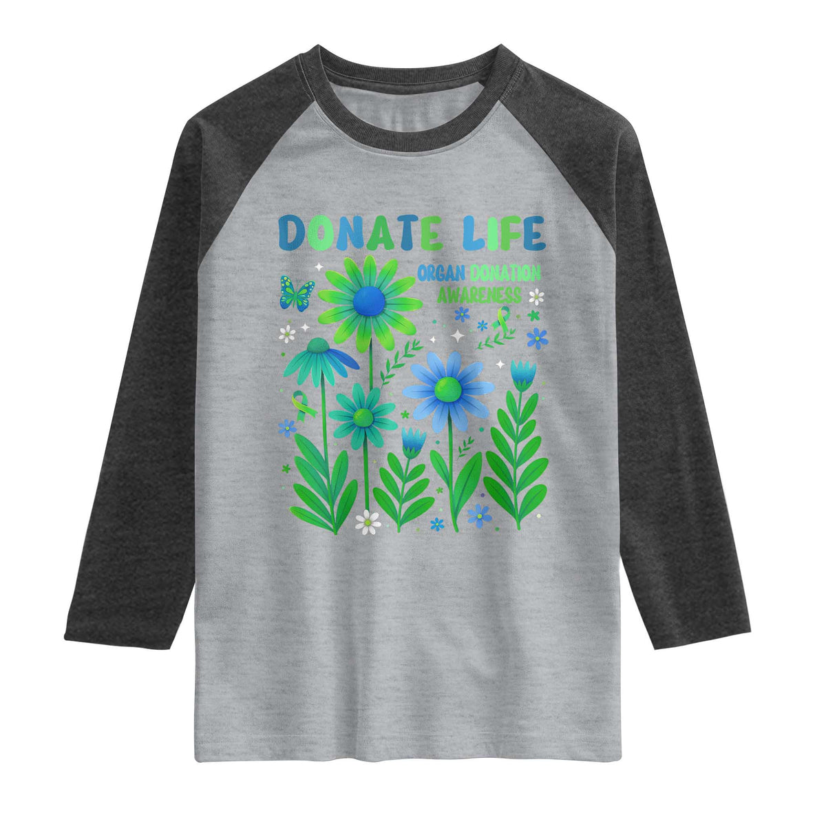 Organ Donation Awareness Raglan Shirt Green Ribbon Donate Life Floral TS10 Heather Gray Heather Charcoal Print Your Wear