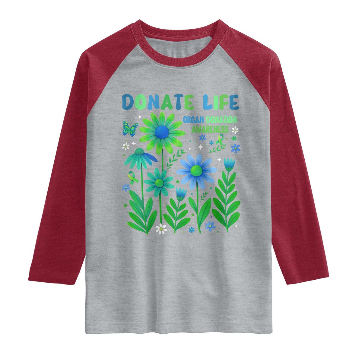 Organ Donation Awareness Raglan Shirt Green Ribbon Donate Life Floral TS10 Heather Gray Heather Red Print Your Wear