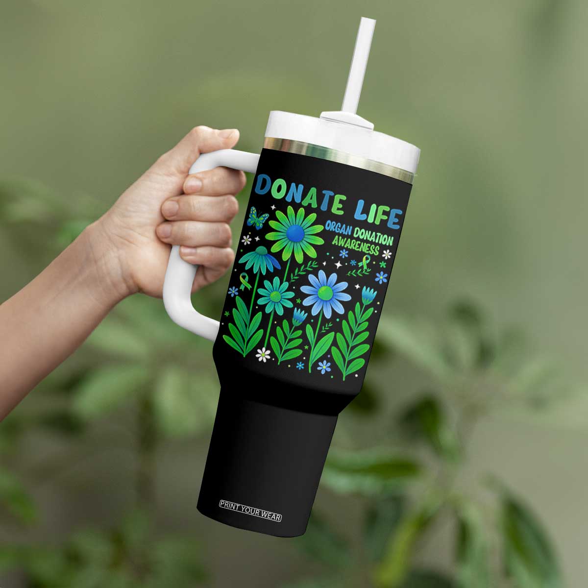 Organ Donation Awareness Tumbler With Handle Green Ribbon Donate Life Floral TS10 Print Your Wear