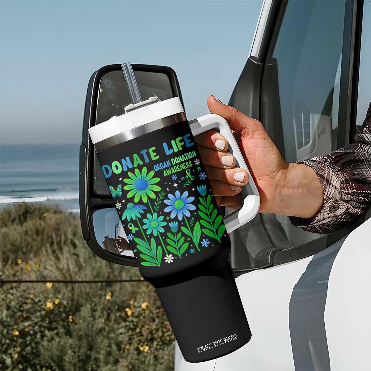Organ Donation Awareness Tumbler With Handle Green Ribbon Donate Life Floral TS10 Print Your Wear