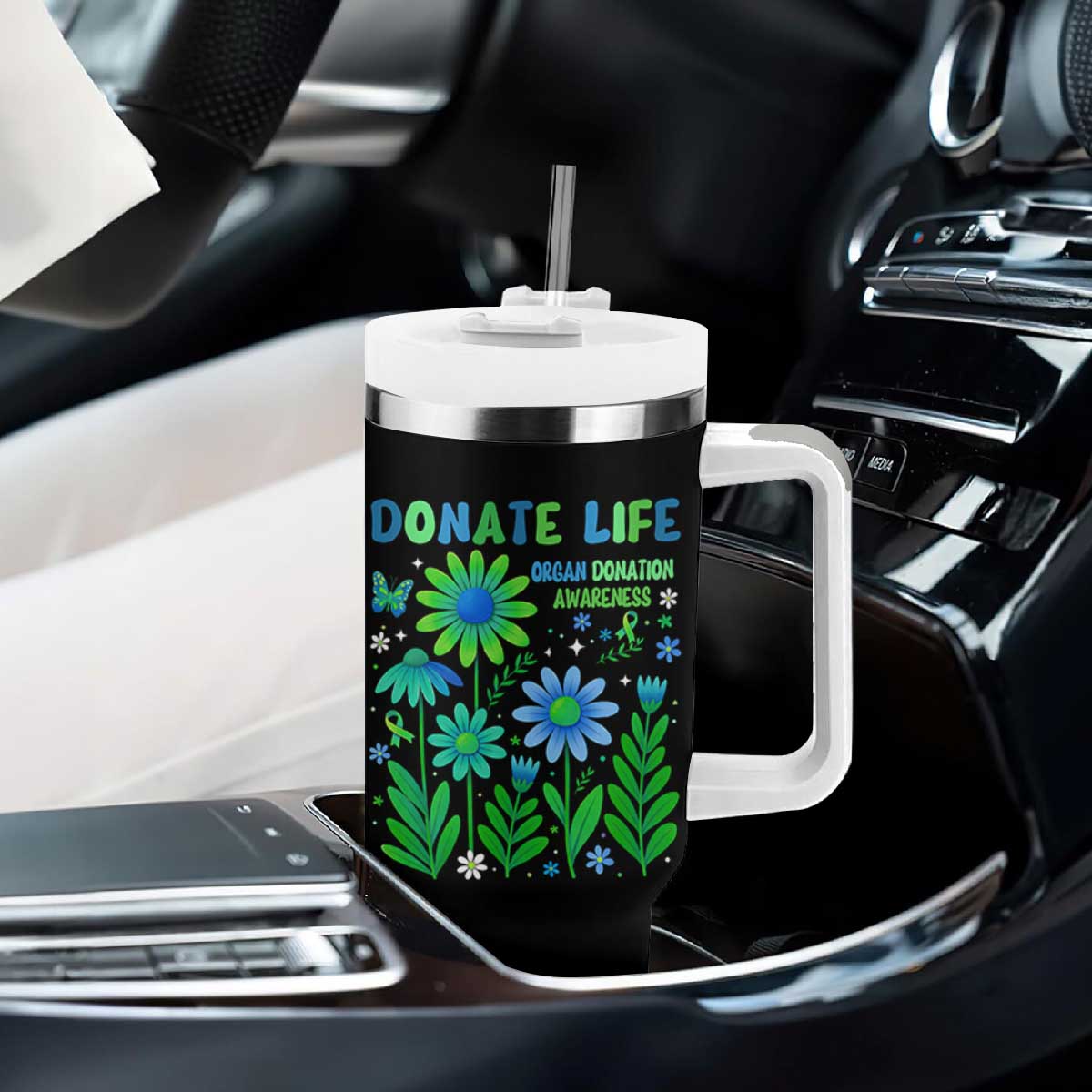 Organ Donation Awareness Tumbler With Handle Green Ribbon Donate Life Floral TS10 Print Your Wear