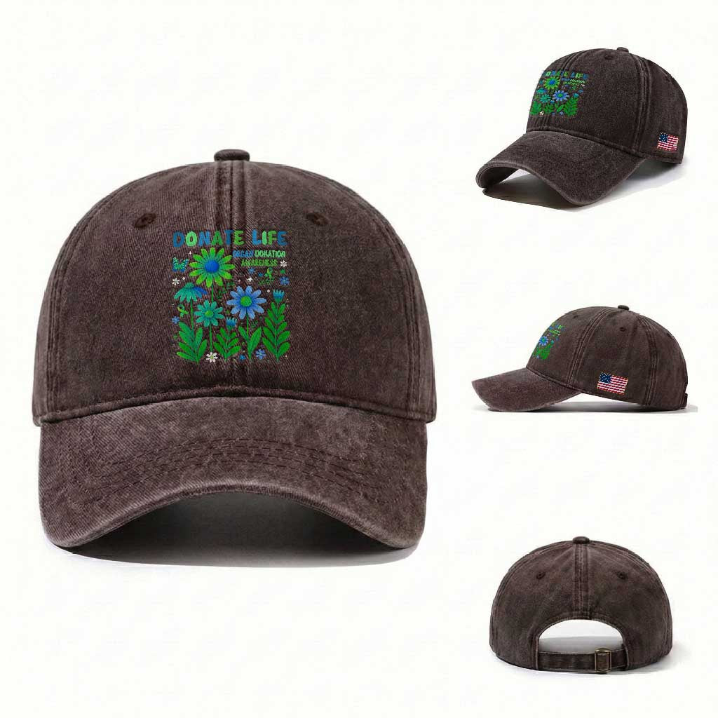 Organ Donation Awareness Washed Cotton Baseball Cap Green Ribbon Donate Life Floral TS10 Washed Cap Universal Fit Dark Brown Print Your Wear