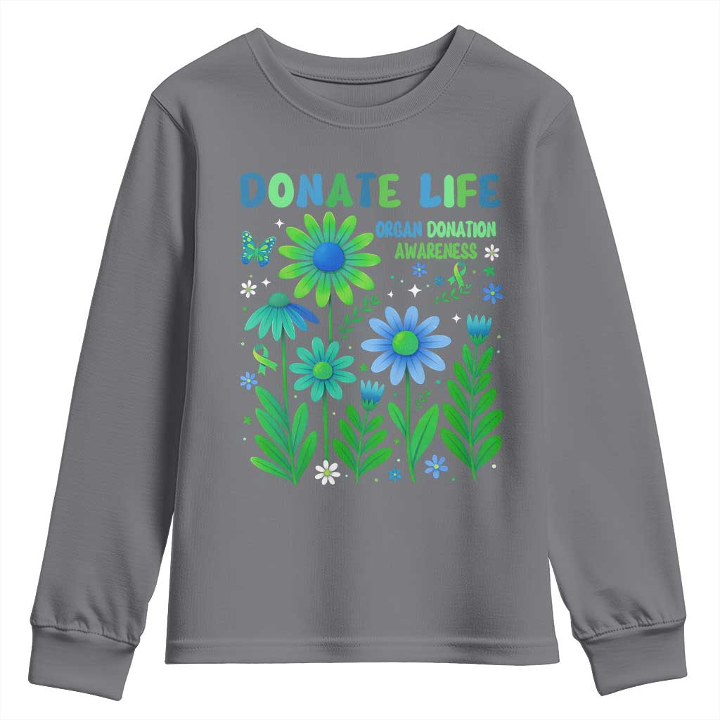 Organ Donation Awareness Youth Sweatshirt Green Ribbon Donate Life Floral TS10 Charcoal Print Your Wear