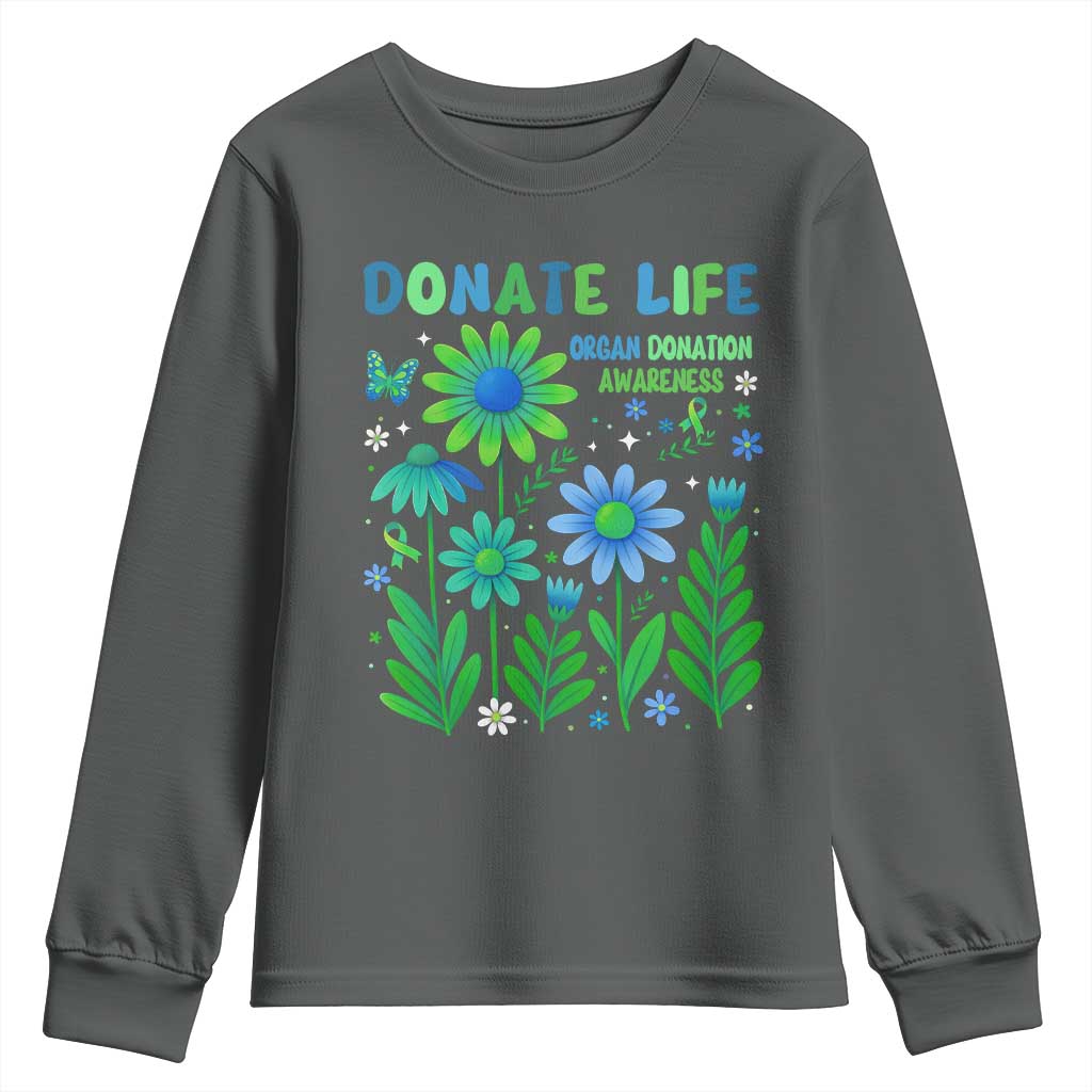 Organ Donation Awareness Youth Sweatshirt Green Ribbon Donate Life Floral TS10 Dark Heather Print Your Wear