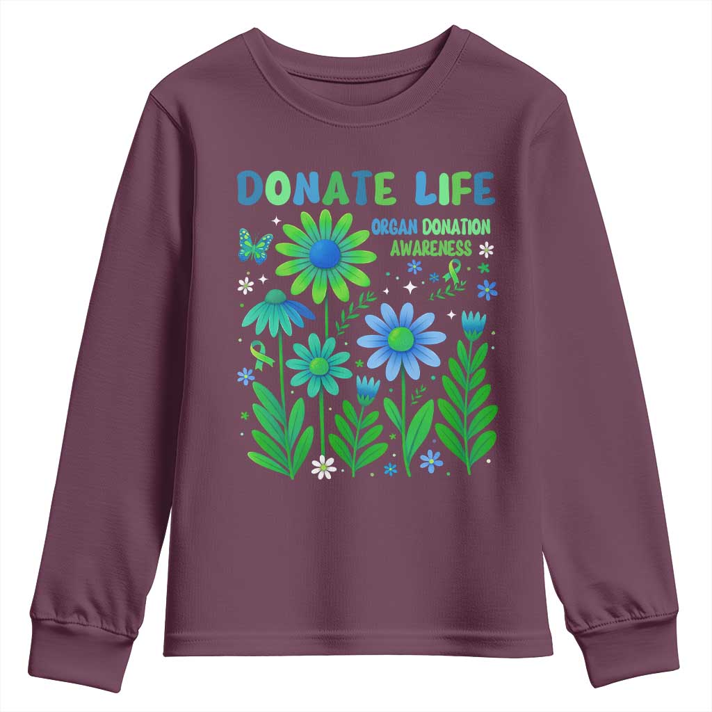 Organ Donation Awareness Youth Sweatshirt Green Ribbon Donate Life Floral TS10 Maroon Print Your Wear