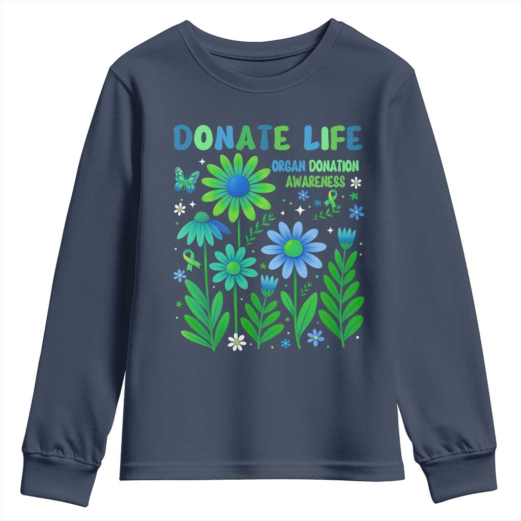 Organ Donation Awareness Youth Sweatshirt Green Ribbon Donate Life Floral TS10 Navy Print Your Wear