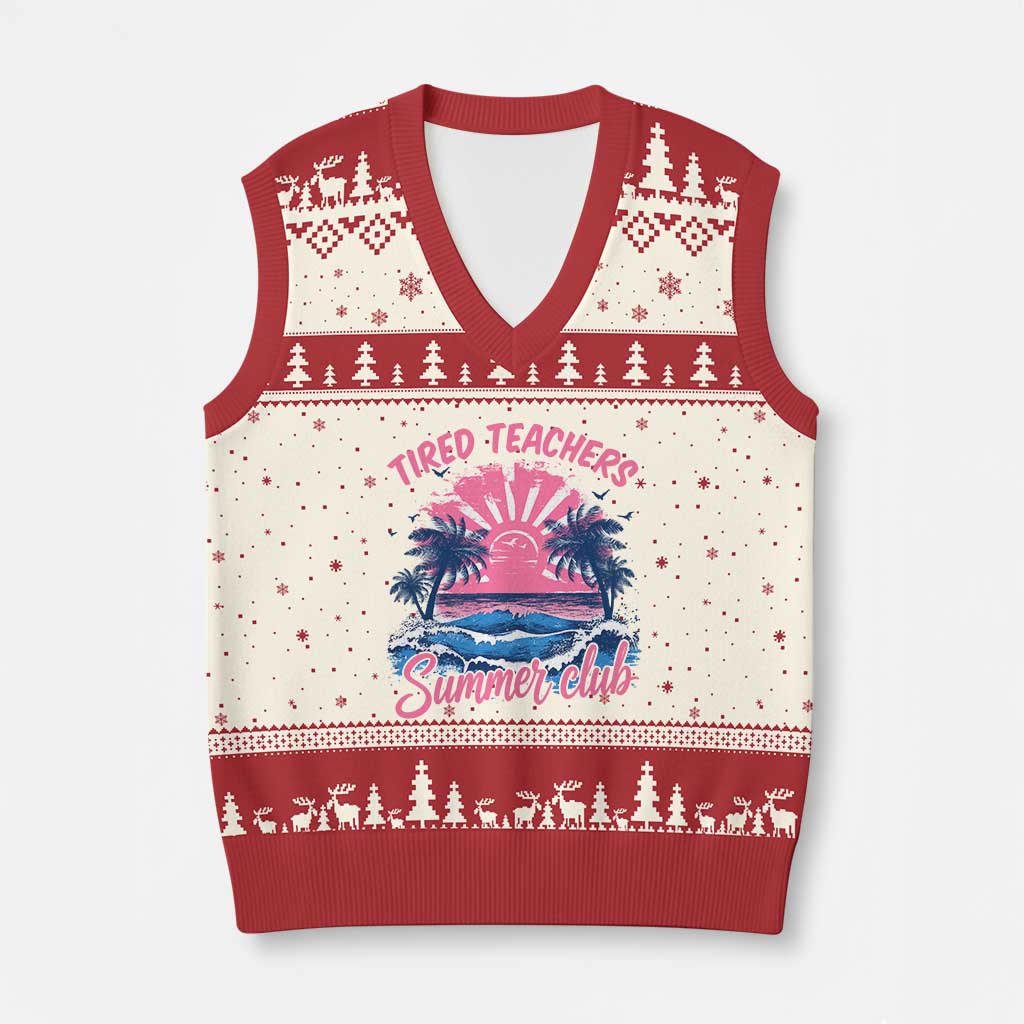 Tired Teachers Summer Club V-Neck Knit Sweater Vest Retro Mama Summer Beach Vacation Gift TS10 Beige Red Print Your Wear