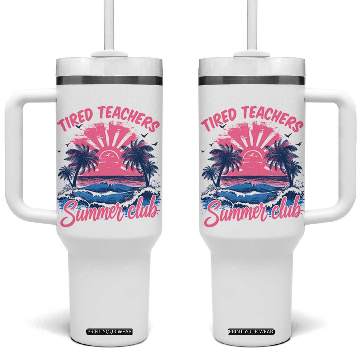 Tired Teachers Summer Club Tumbler With Handle Retro Mama Summer Beach Vacation Gift
