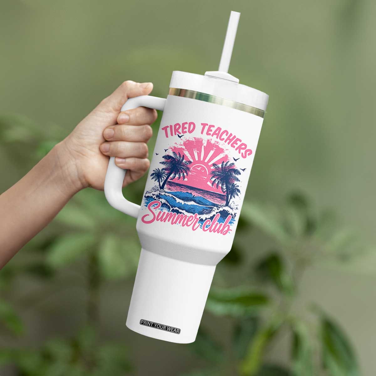 Tired Teachers Summer Club Tumbler With Handle Retro Mama Summer Beach Vacation Gift