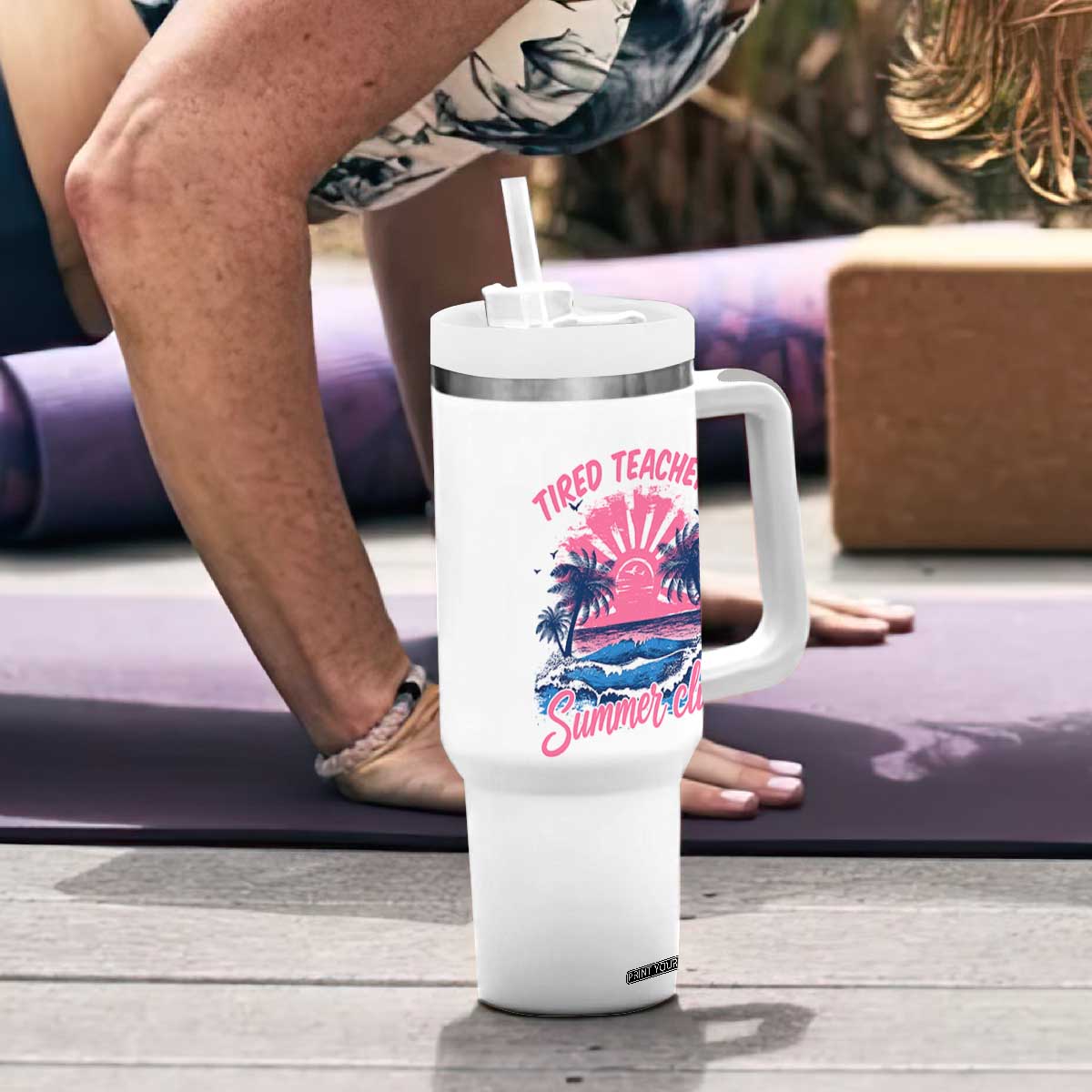 Tired Teachers Summer Club Tumbler With Handle Retro Mama Summer Beach Vacation Gift