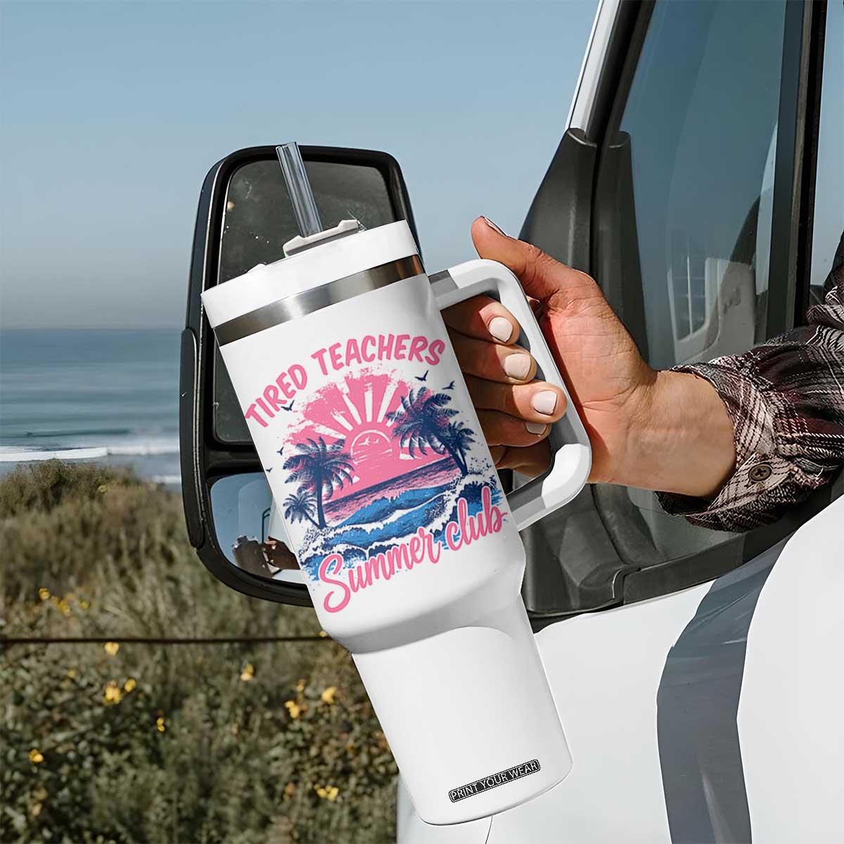 Tired Teachers Summer Club Tumbler With Handle Retro Mama Summer Beach Vacation Gift