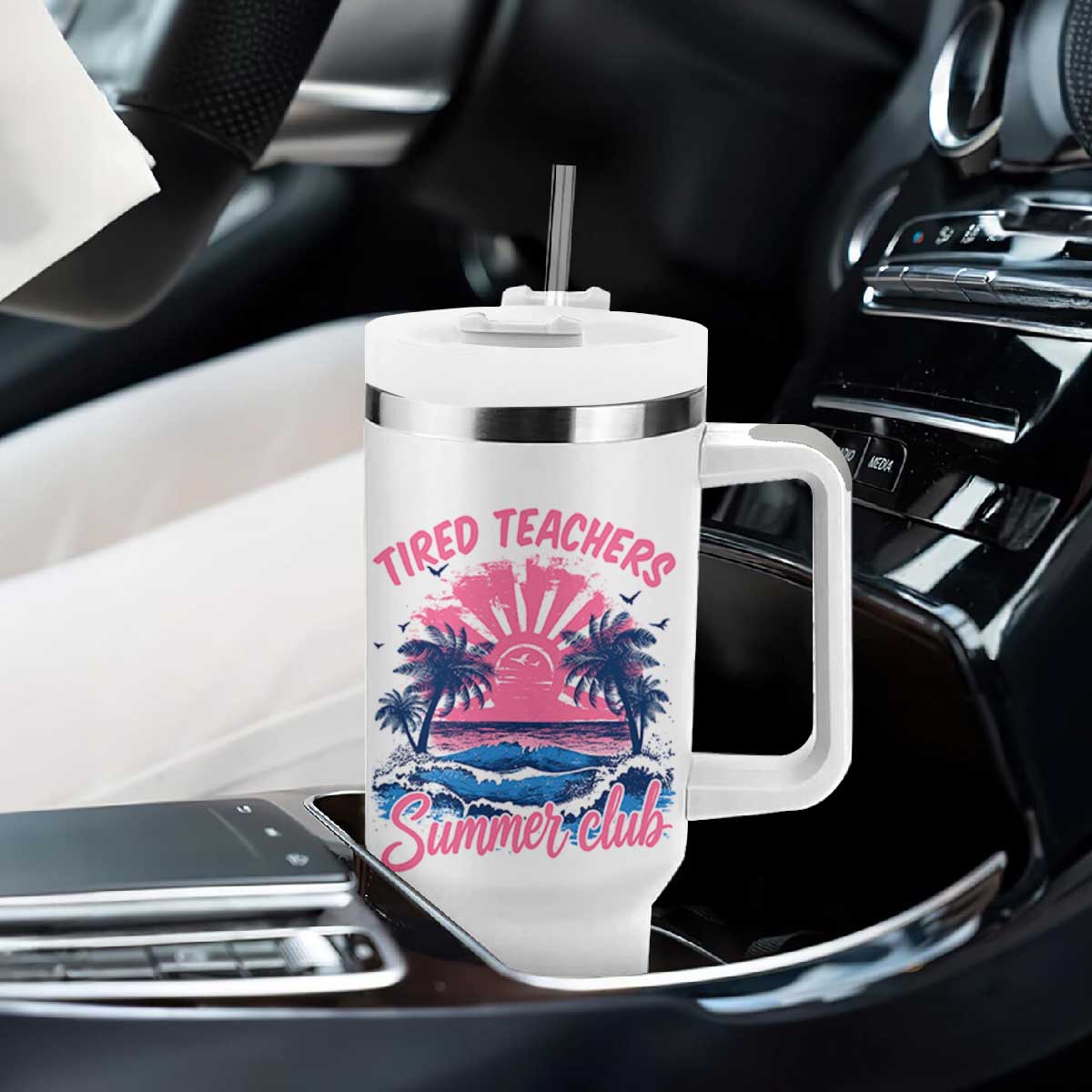 Tired Teachers Summer Club Tumbler With Handle Retro Mama Summer Beach Vacation Gift