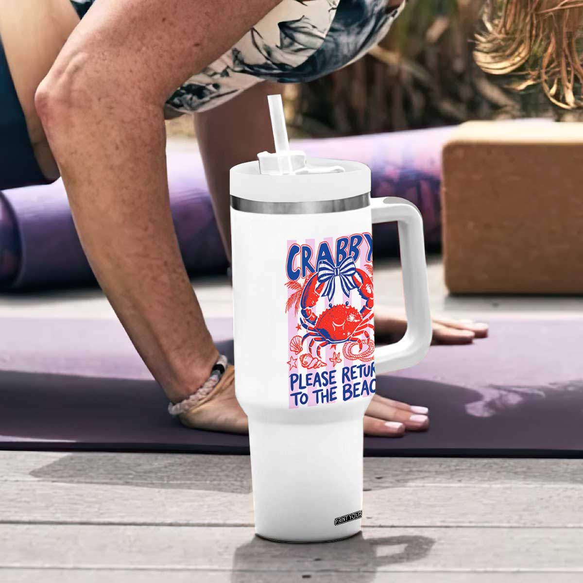 Summer Vacation Tumbler With Handle If Crabby Return To Beach Retro Graphic