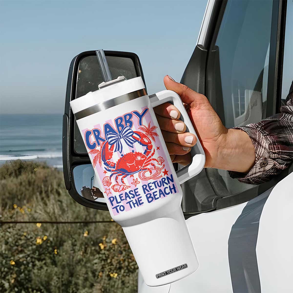 Summer Vacation Tumbler With Handle If Crabby Return To Beach Retro Graphic