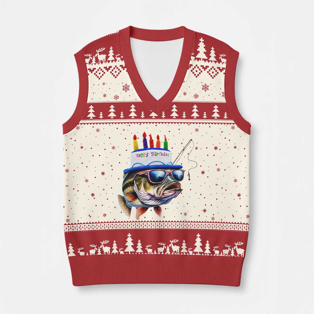 Bass Fishing Birthday V-Neck Knit Sweater Vest Fish Party Theme TS10 Beige Red Print Your Wear
