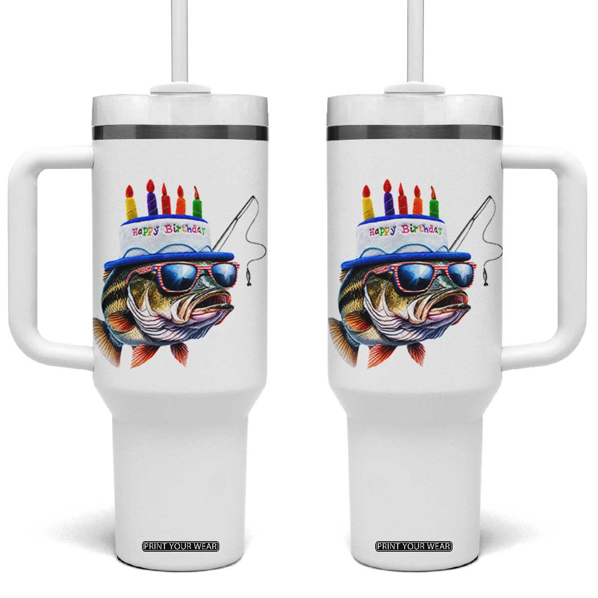 Bass Fishing Birthday Tumbler With Handle Fish Party Theme TS10 One Size: 40 oz White Print Your Wear