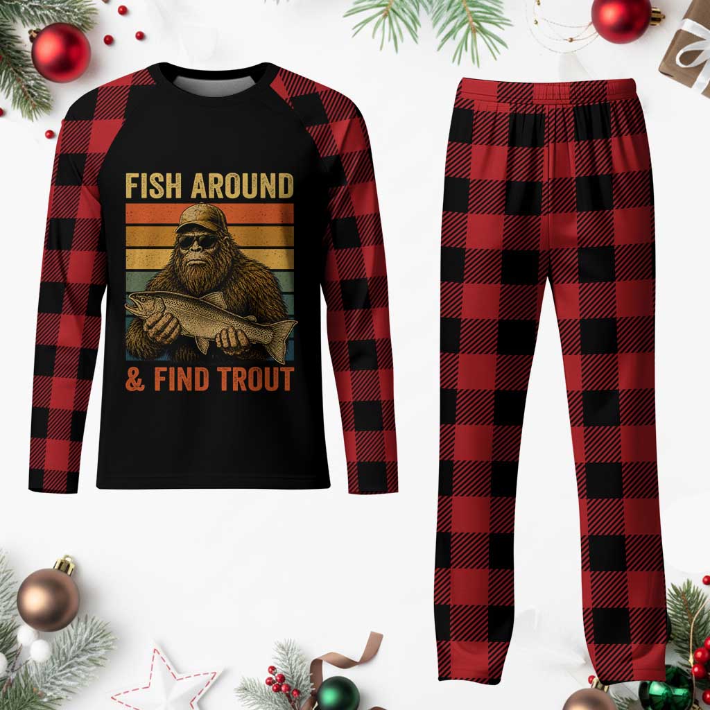 Fish Around And Find Trout Plaid Pajama Set Funny Fishermen Fishing Retro Bigfoot Sasquatch Fish