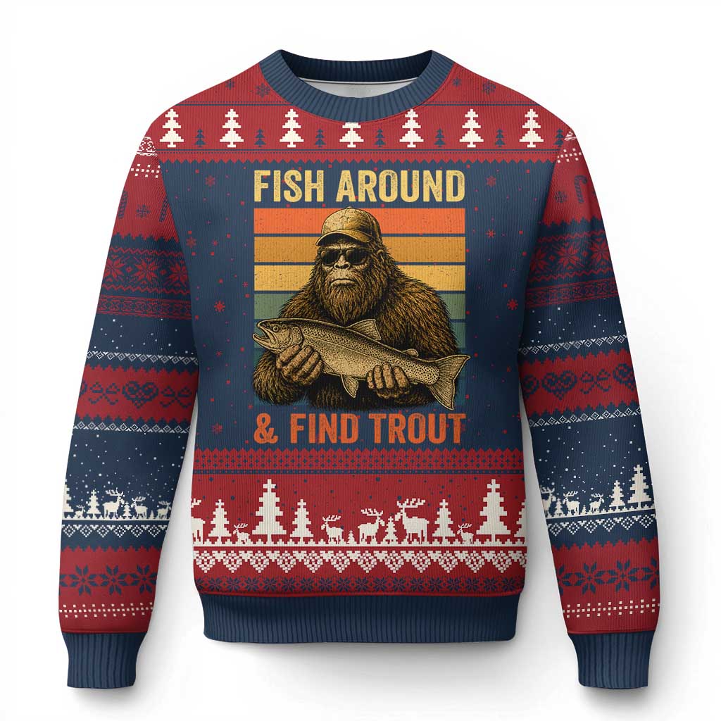 Fish Around And Find Trout Ugly Christmas Sweater Funny Fishermen Fishing Retro Bigfoot Sasquatch Fish TS10 Navy Red Print Your Wear