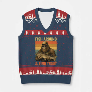 Fish Around And Find Trout V-Neck Knit Sweater Vest Funny Fishermen Fishing Retro Bigfoot Sasquatch Fish