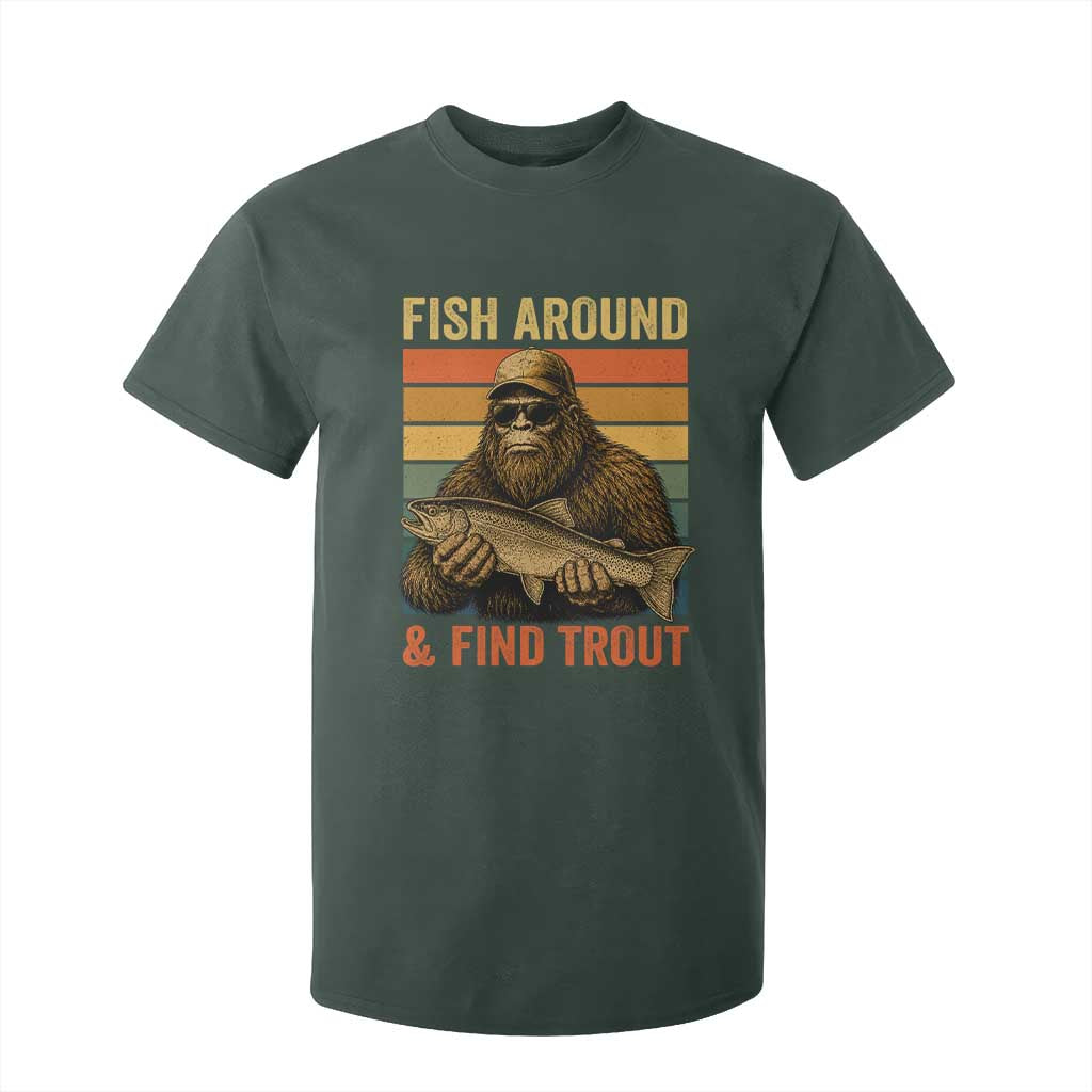 Fish Around And Find Trout T Shirt For Kid Funny Fishermen Fishing Retro Bigfoot Sasquatch Fish