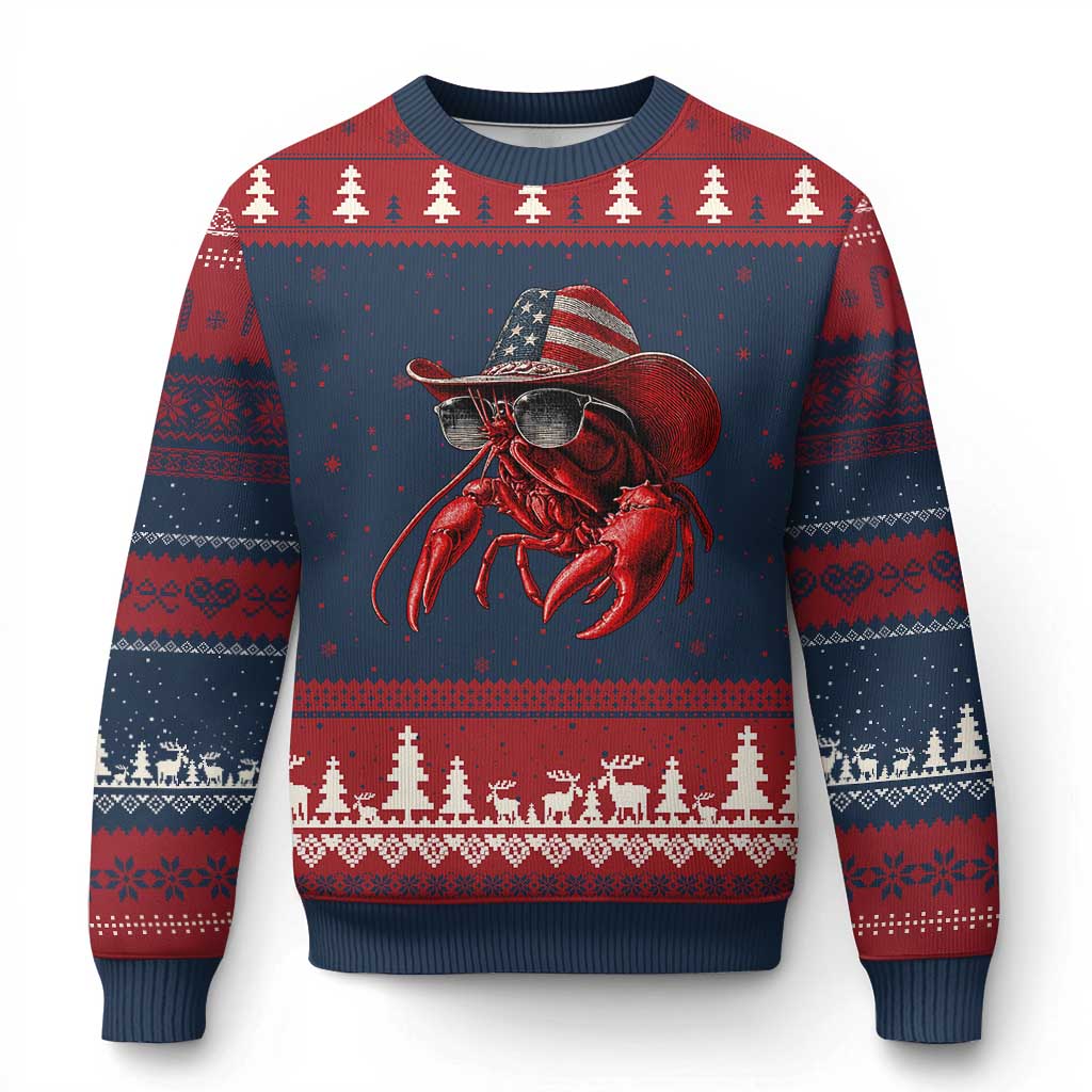 Funny Western Country Crawfish Lover Graphic Ugly Christmas Sweater American Flag Cowboy Lobster Patriotic Cajun Season TS10 Navy Red Print Your Wear