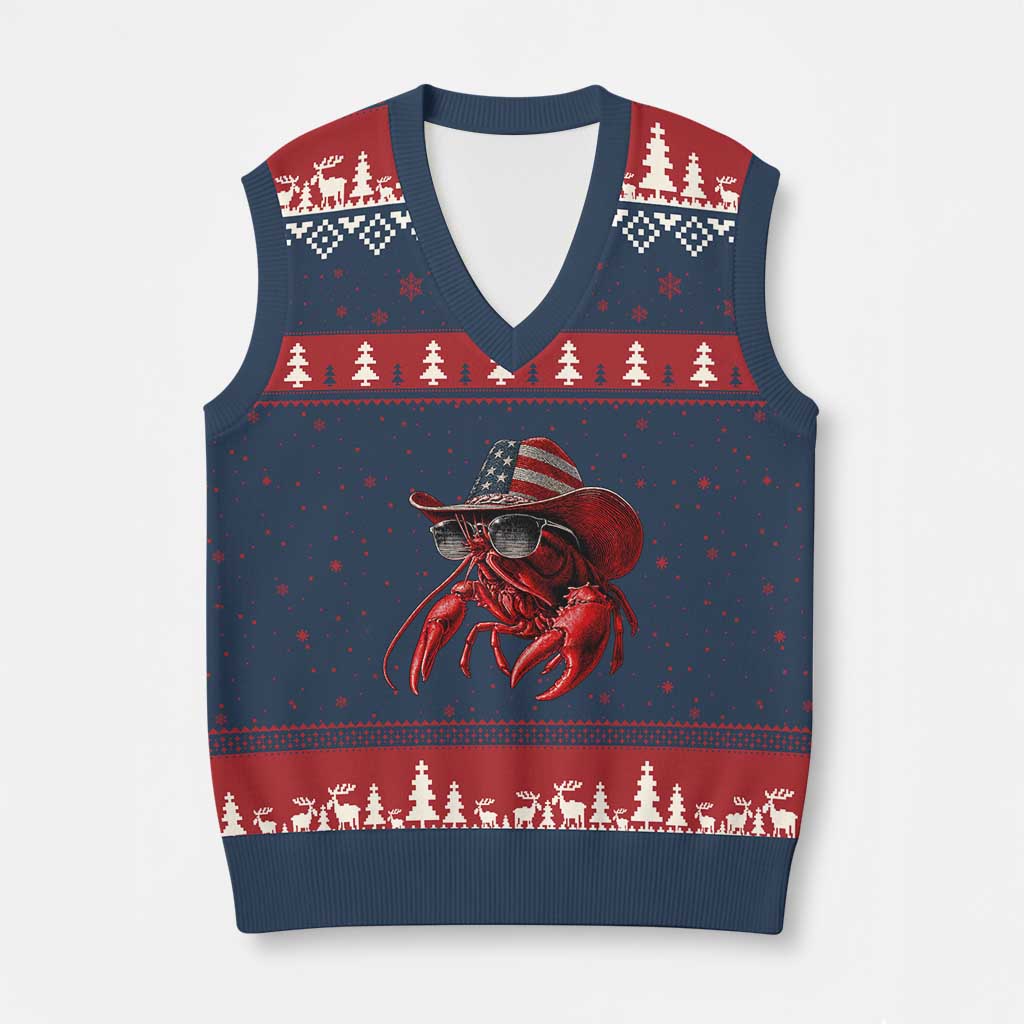 Funny Western Country Crawfish Lover Graphic V-Neck Knit Sweater Vest American Flag Cowboy Lobster Patriotic Cajun Season TS10 Navy Red Print Your Wear