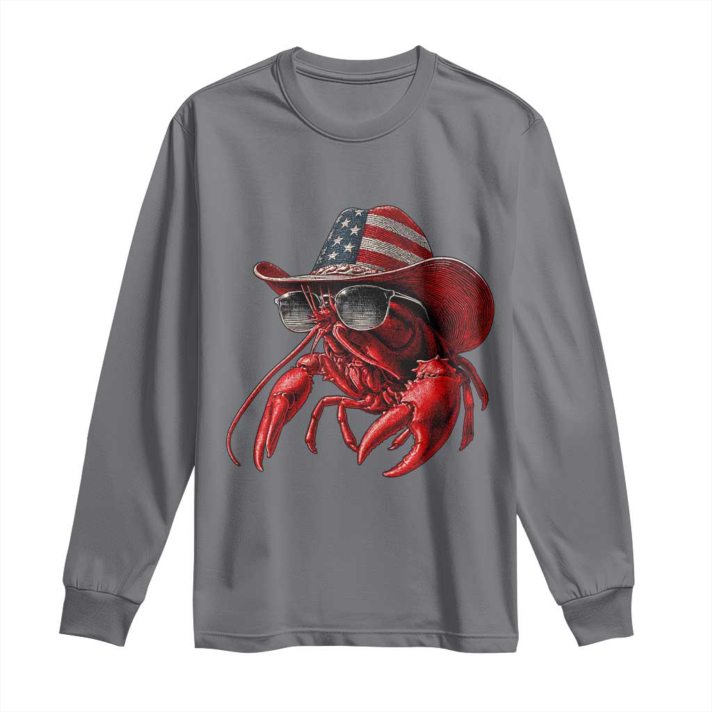Funny Western Country Crawfish Lover Graphic Long Sleeve Shirt American Flag Cowboy Lobster Patriotic Cajun Season TS10 Charcoal Print Your Wear