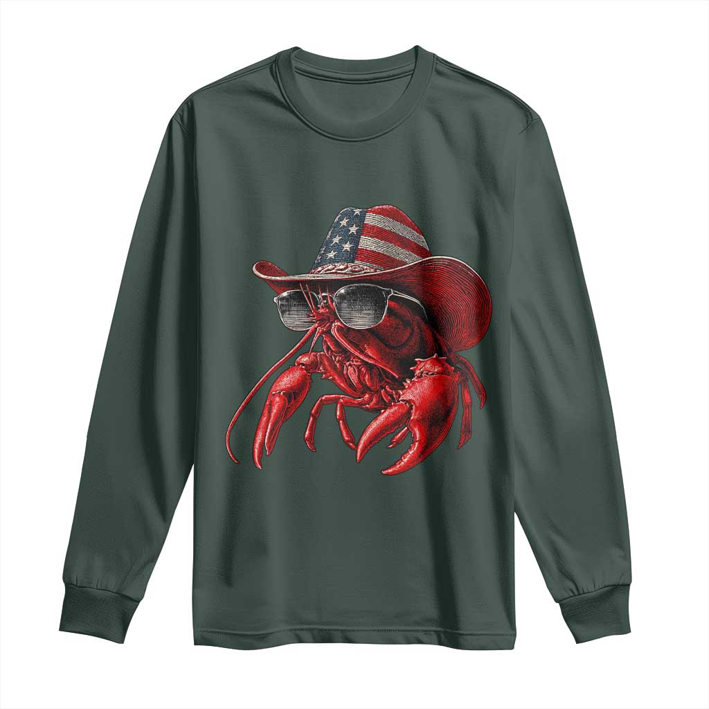 Funny Western Country Crawfish Lover Graphic Long Sleeve Shirt American Flag Cowboy Lobster Patriotic Cajun Season TS10 Dark Forest Green Print Your Wear