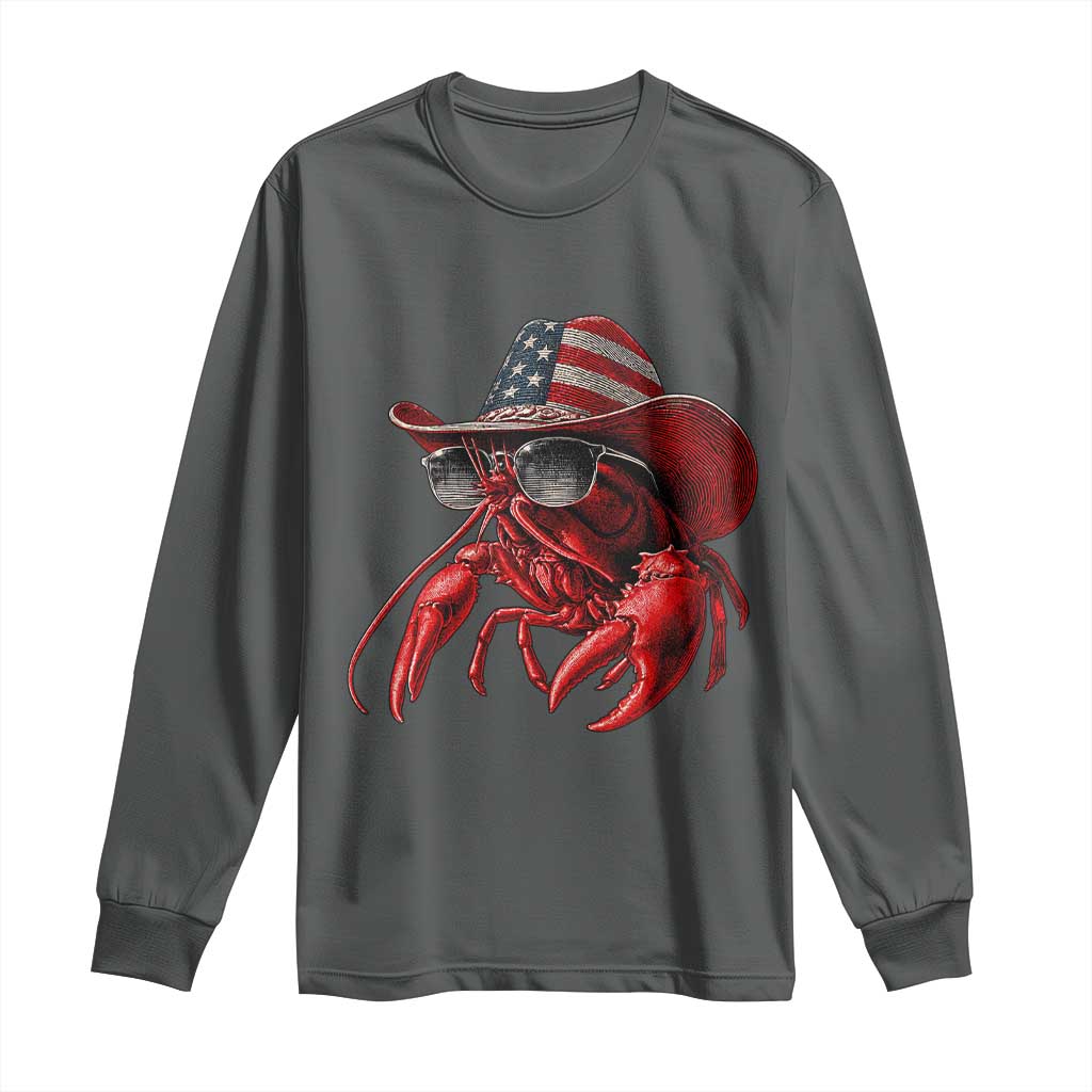 Funny Western Country Crawfish Lover Graphic Long Sleeve Shirt American Flag Cowboy Lobster Patriotic Cajun Season TS10 Dark Heather Print Your Wear