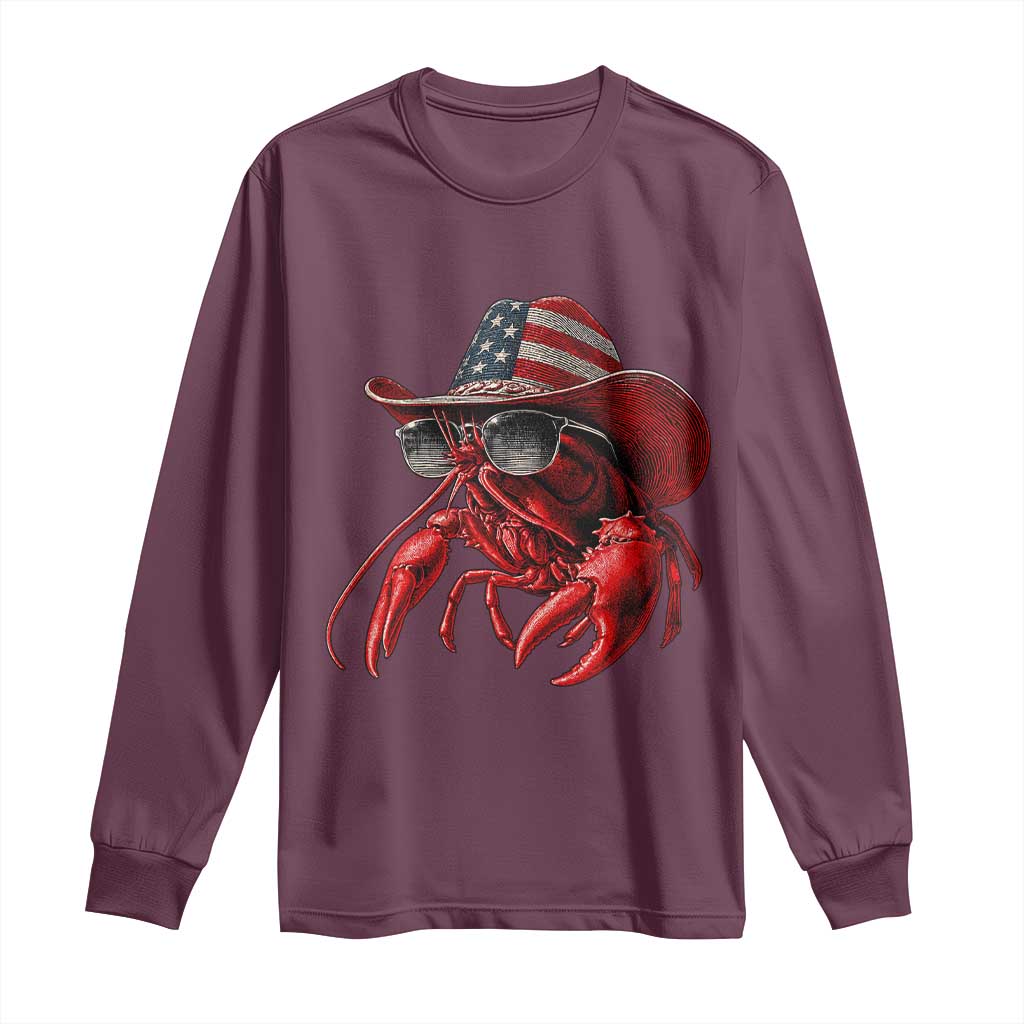 Funny Western Country Crawfish Lover Graphic Long Sleeve Shirt American Flag Cowboy Lobster Patriotic Cajun Season TS10 Maroon Print Your Wear