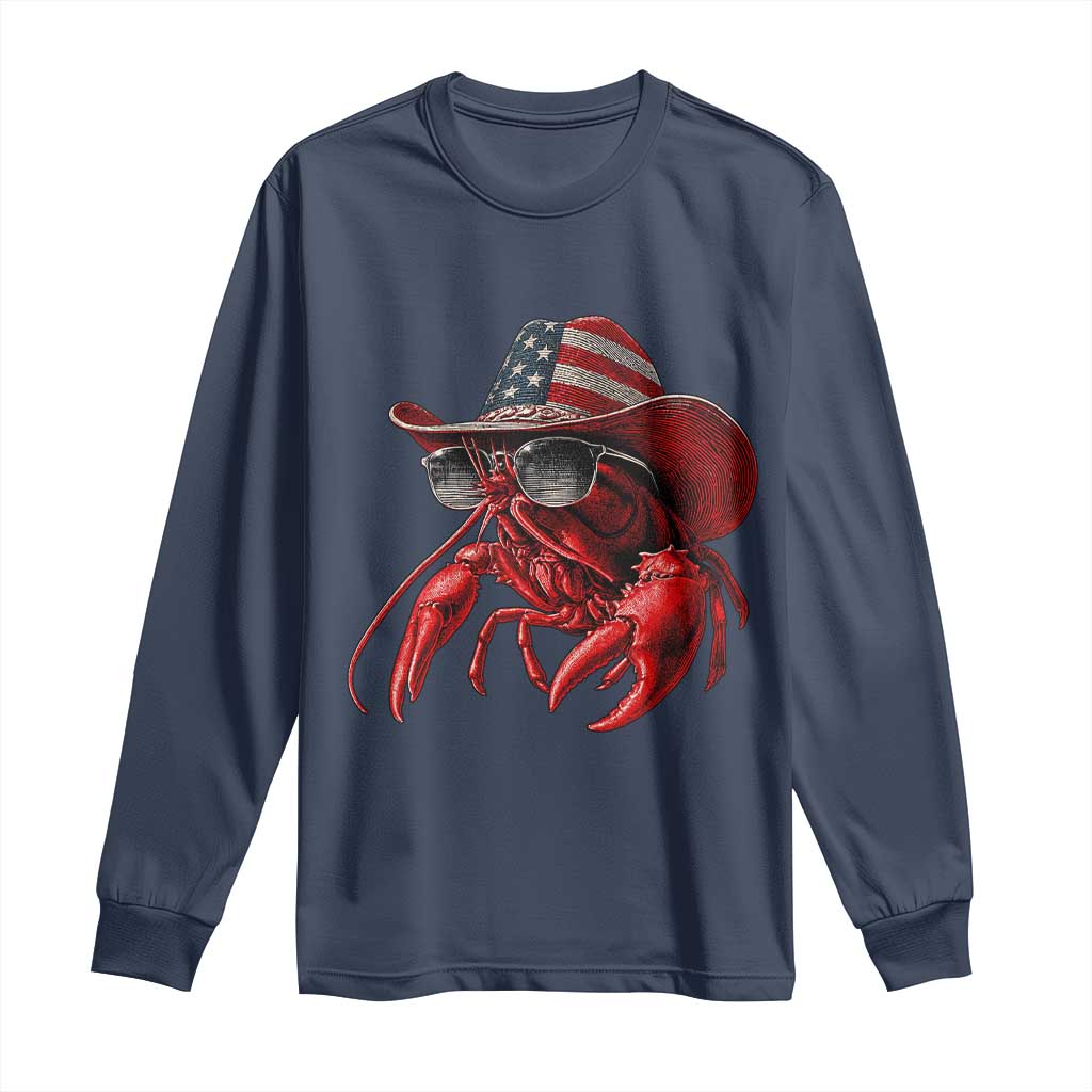 Funny Western Country Crawfish Lover Graphic Long Sleeve Shirt American Flag Cowboy Lobster Patriotic Cajun Season TS10 Navy Print Your Wear