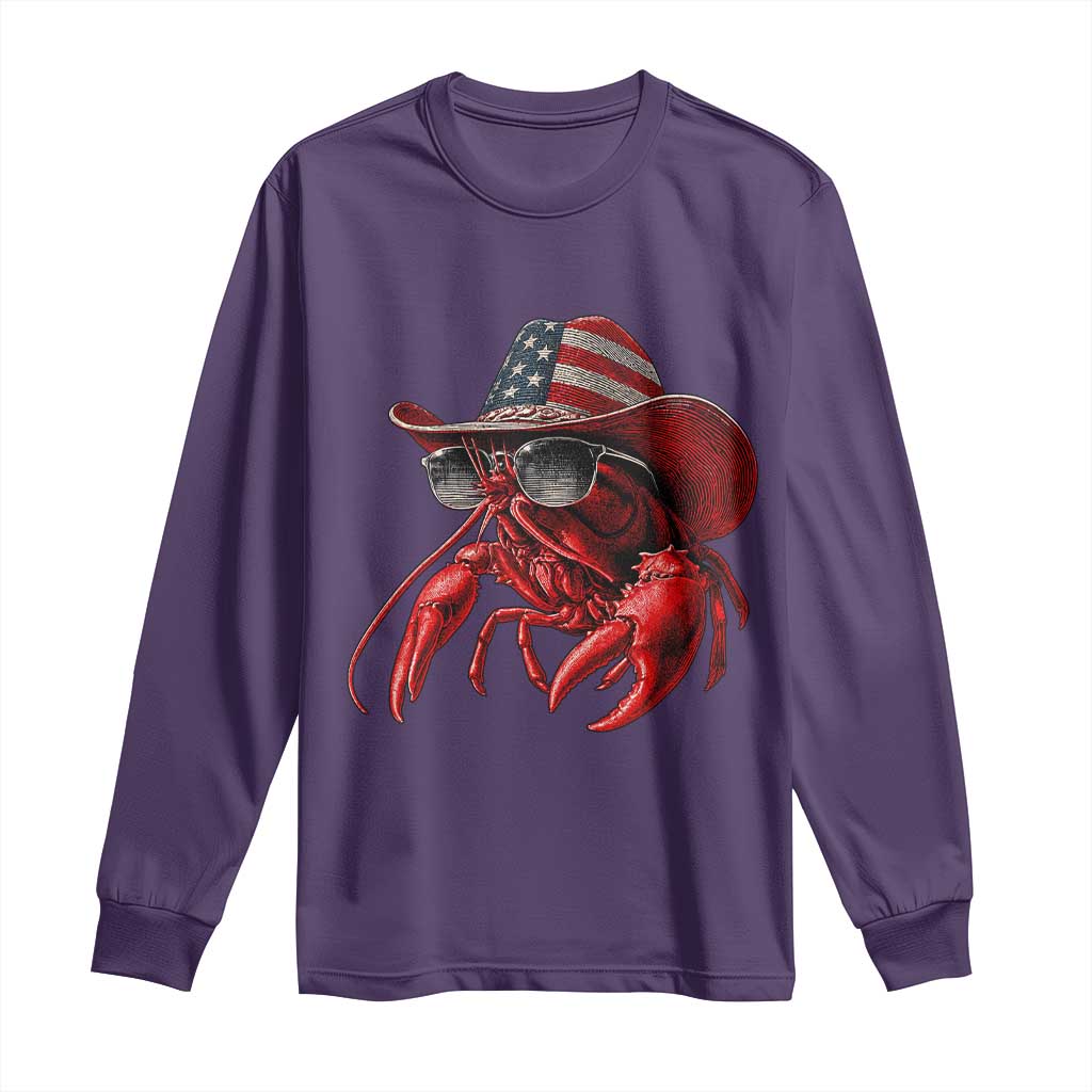 Funny Western Country Crawfish Lover Graphic Long Sleeve Shirt American Flag Cowboy Lobster Patriotic Cajun Season TS10 Purple Print Your Wear