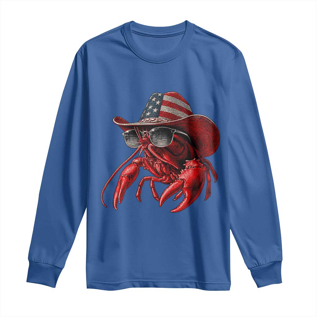 Funny Western Country Crawfish Lover Graphic Long Sleeve Shirt American Flag Cowboy Lobster Patriotic Cajun Season TS10 Royal Blue Print Your Wear