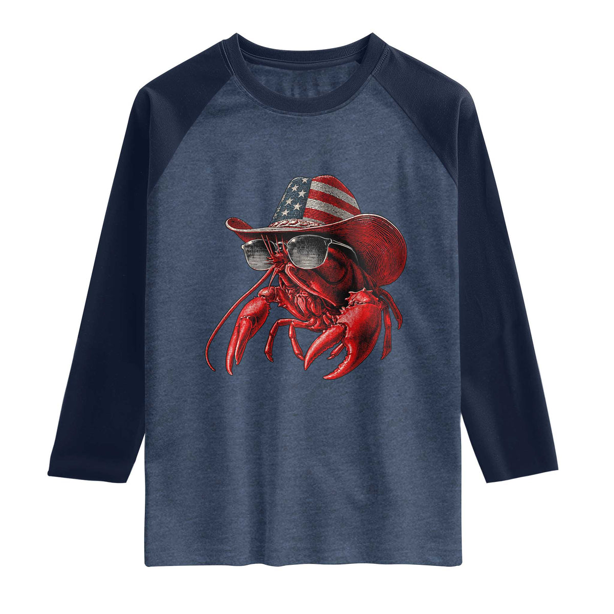 Funny Western Country Crawfish Lover Graphic Raglan Shirt American Flag Cowboy Lobster Patriotic Cajun Season TS10 Heather Denim Navy Print Your Wear
