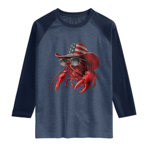 Funny Western Country Crawfish Lover Graphic Raglan Shirt American Flag Cowboy Lobster Patriotic Cajun Season TS10 Heather Denim Navy Print Your Wear