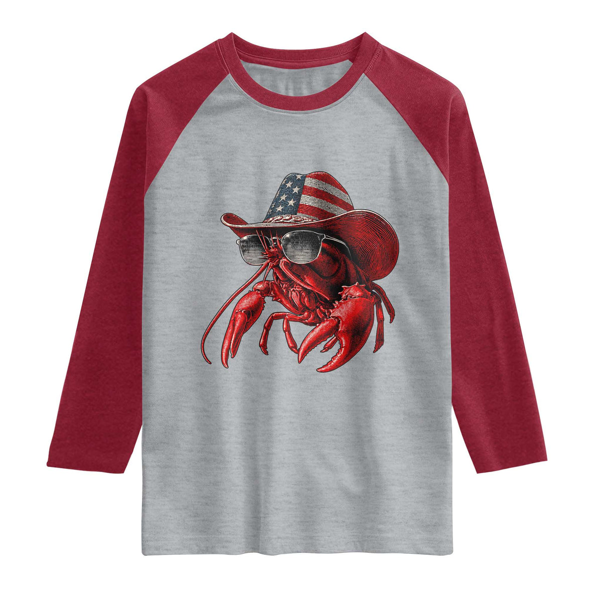 Funny Western Country Crawfish Lover Graphic Raglan Shirt American Flag Cowboy Lobster Patriotic Cajun Season TS10 Heather Gray Heather Red Print Your Wear