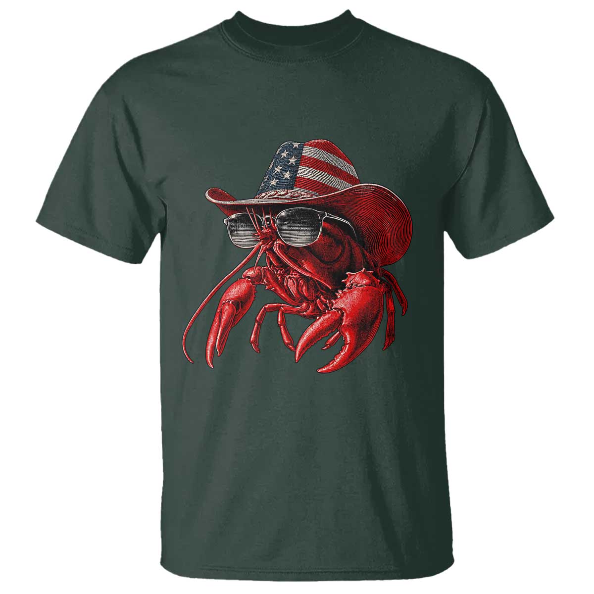 Funny Western Country Crawfish Lover Graphic T Shirt American Flag Cowboy Lobster Patriotic Cajun Season TS10 Dark Forest Green Print Your Wear