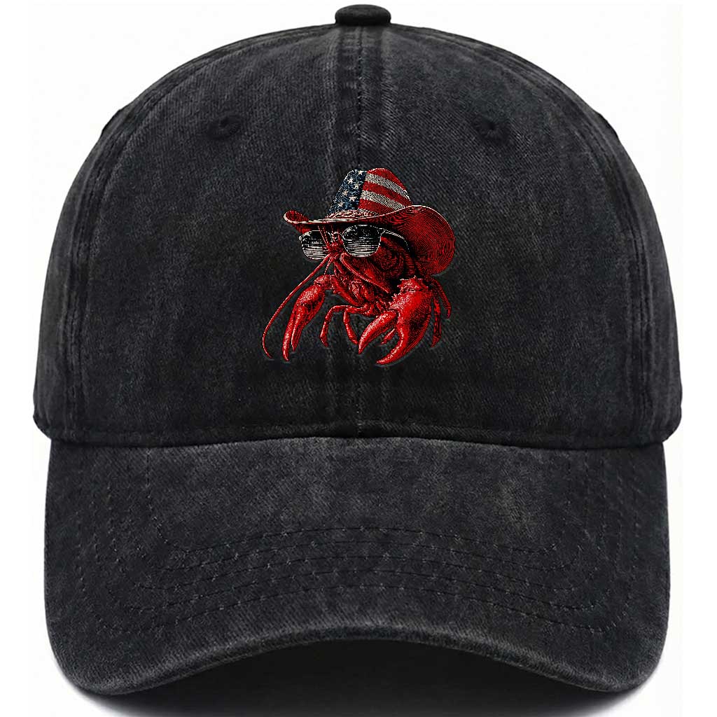 Funny Western Country Crawfish Lover Graphic Washed Cotton Baseball Cap American Flag Cowboy Lobster Patriotic Cajun Season TS10 Print Your Wear