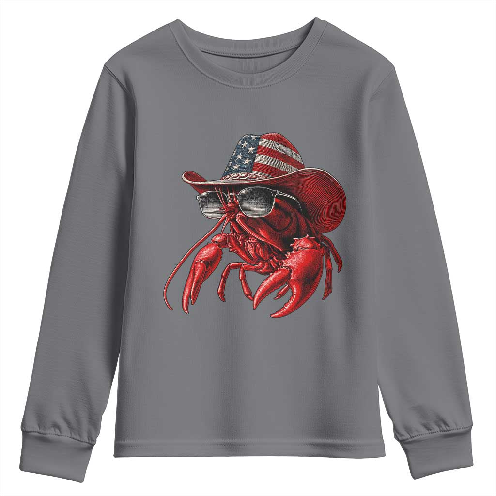 Funny Western Country Crawfish Lover Graphic Youth Sweatshirt American Flag Cowboy Lobster Patriotic Cajun Season TS10 Charcoal Print Your Wear