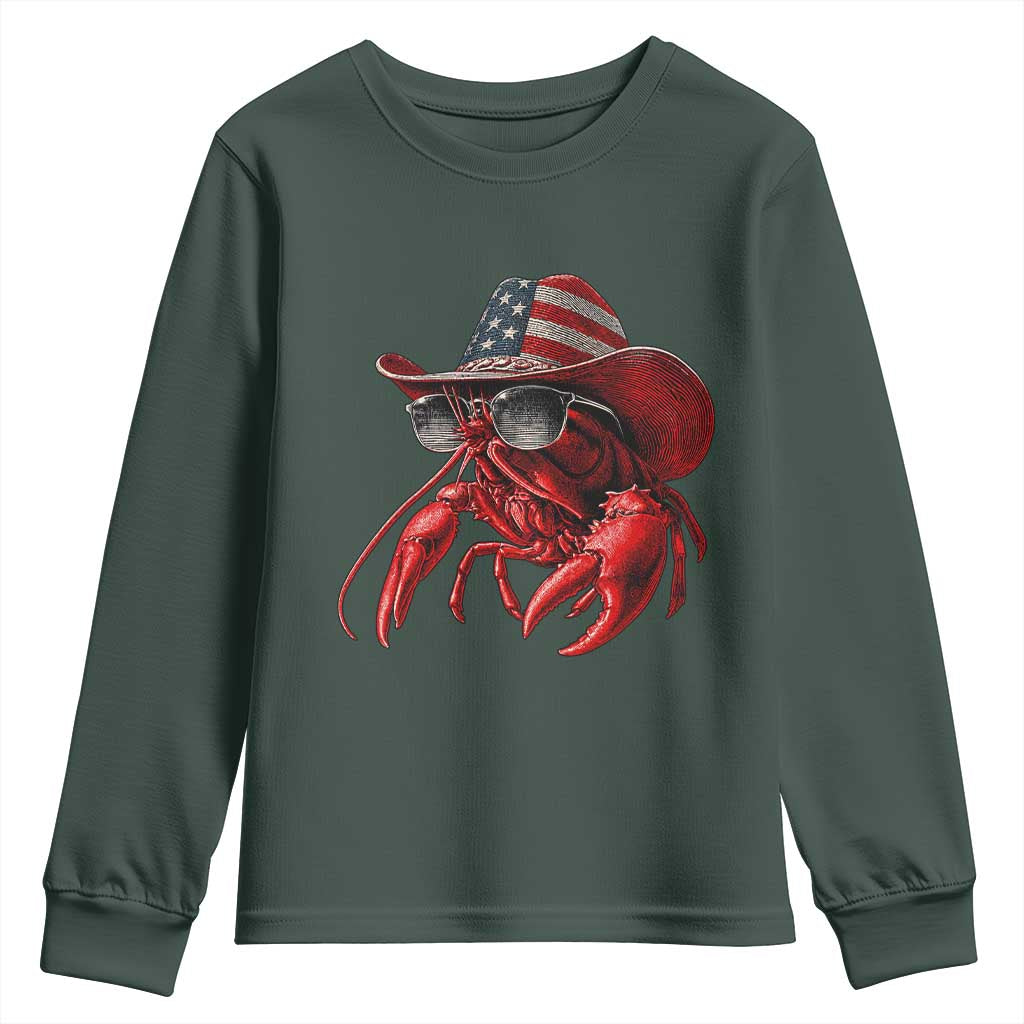 Funny Western Country Crawfish Lover Graphic Youth Sweatshirt American Flag Cowboy Lobster Patriotic Cajun Season TS10 Dark Forest Green Print Your Wear