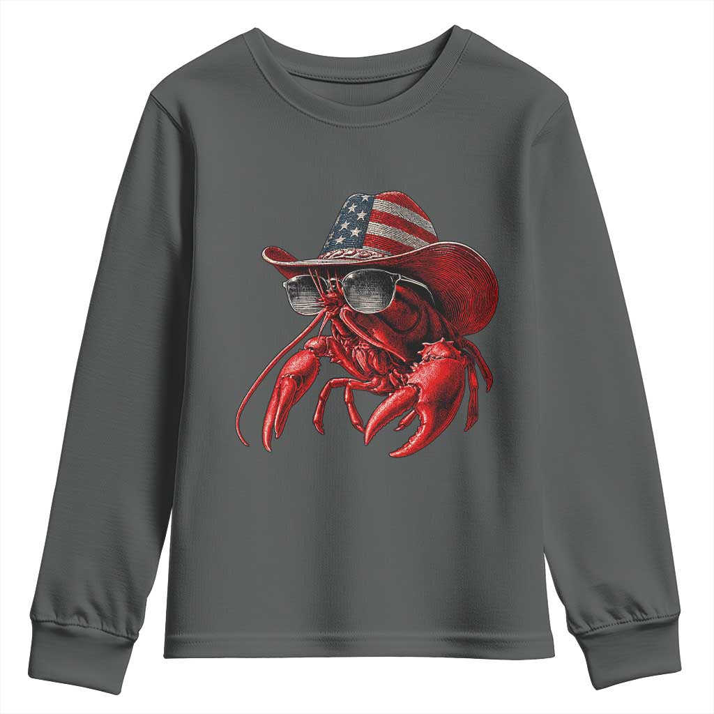 Funny Western Country Crawfish Lover Graphic Youth Sweatshirt American Flag Cowboy Lobster Patriotic Cajun Season TS10 Dark Heather Print Your Wear