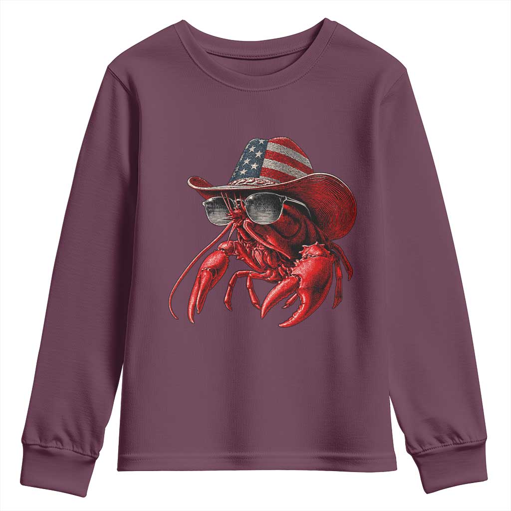 Funny Western Country Crawfish Lover Graphic Youth Sweatshirt American Flag Cowboy Lobster Patriotic Cajun Season TS10 Maroon Print Your Wear