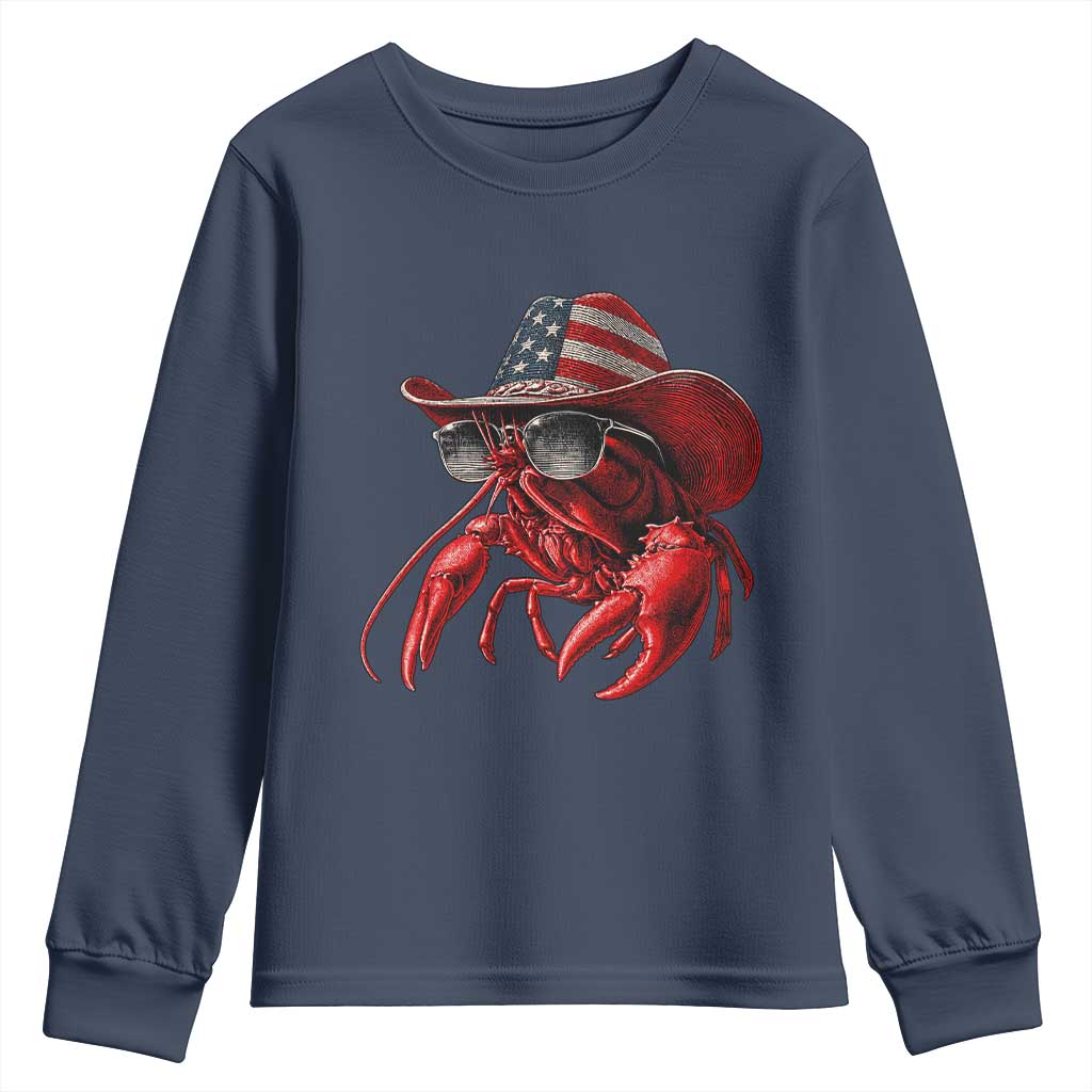 Funny Western Country Crawfish Lover Graphic Youth Sweatshirt American Flag Cowboy Lobster Patriotic Cajun Season TS10 Navy Print Your Wear