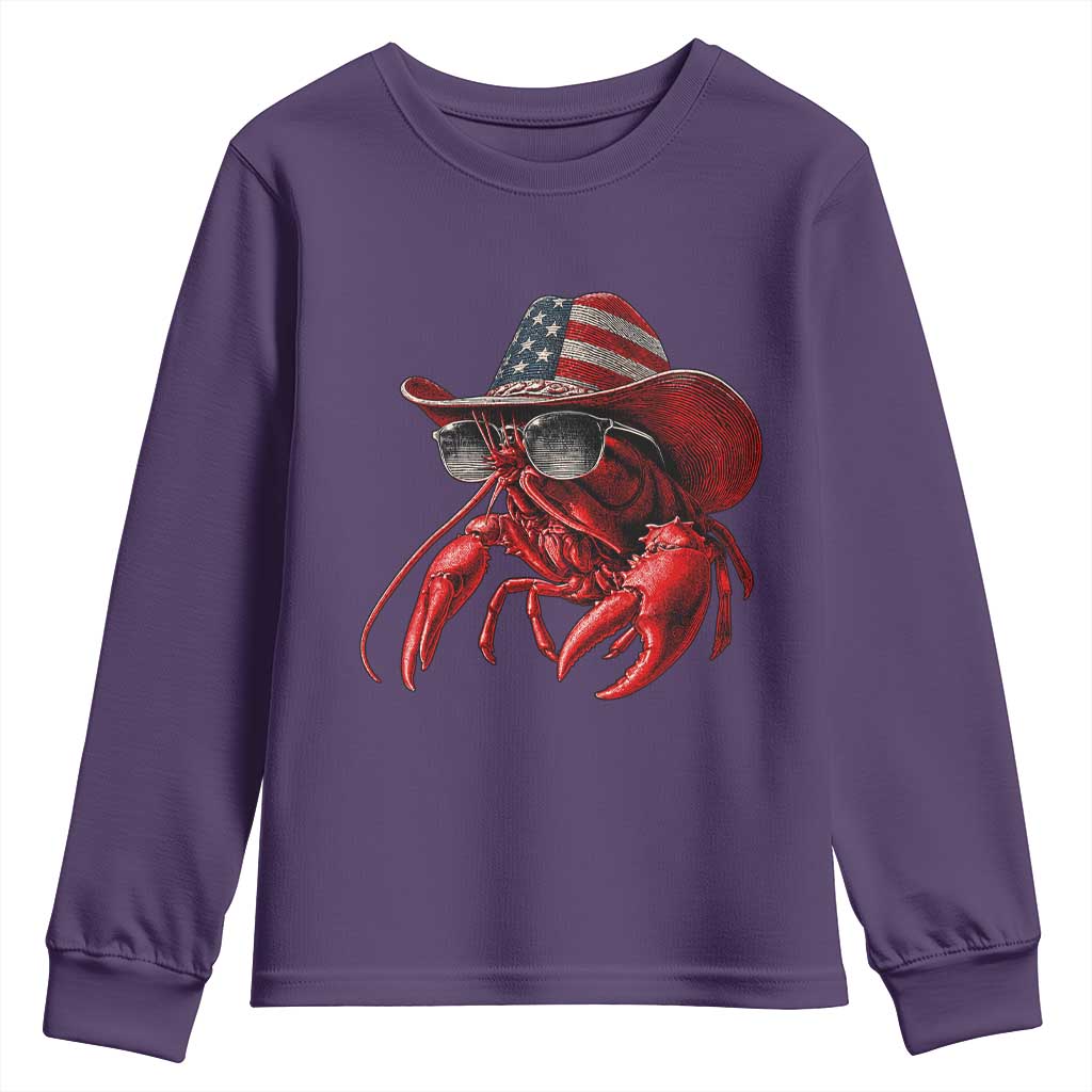 Funny Western Country Crawfish Lover Graphic Youth Sweatshirt American Flag Cowboy Lobster Patriotic Cajun Season TS10 Purple Print Your Wear