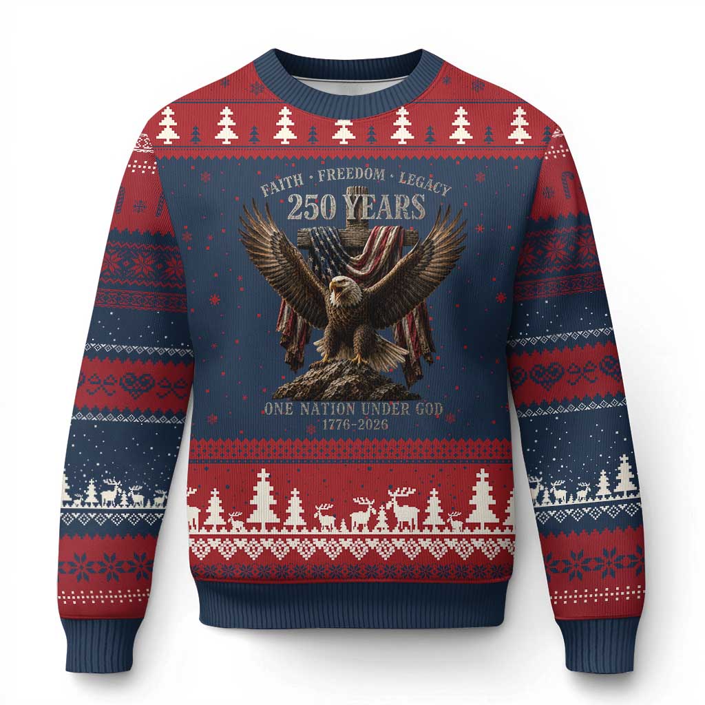Eagle 250th Anniversary USA Ugly Christmas Sweater 250 Years Faith Freedom Legacy One Nation Under God Flag TS10 Navy Red Print Your Wear