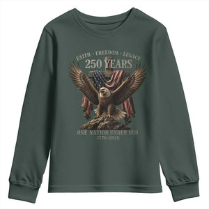 Eagle 250th Anniversary USA Youth Sweatshirt 250 Years Faith Freedom Legacy One Nation Under God Flag TS10 Dark Forest Green Print Your Wear