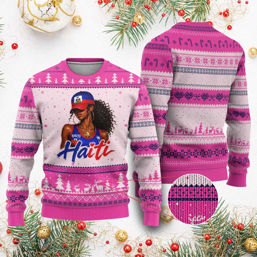 Haitian Girl Ugly Christmas Sweater Melanin Black Girls Haiti Flag Proud Haitienne TS10 Hot Pink Print Your Wear