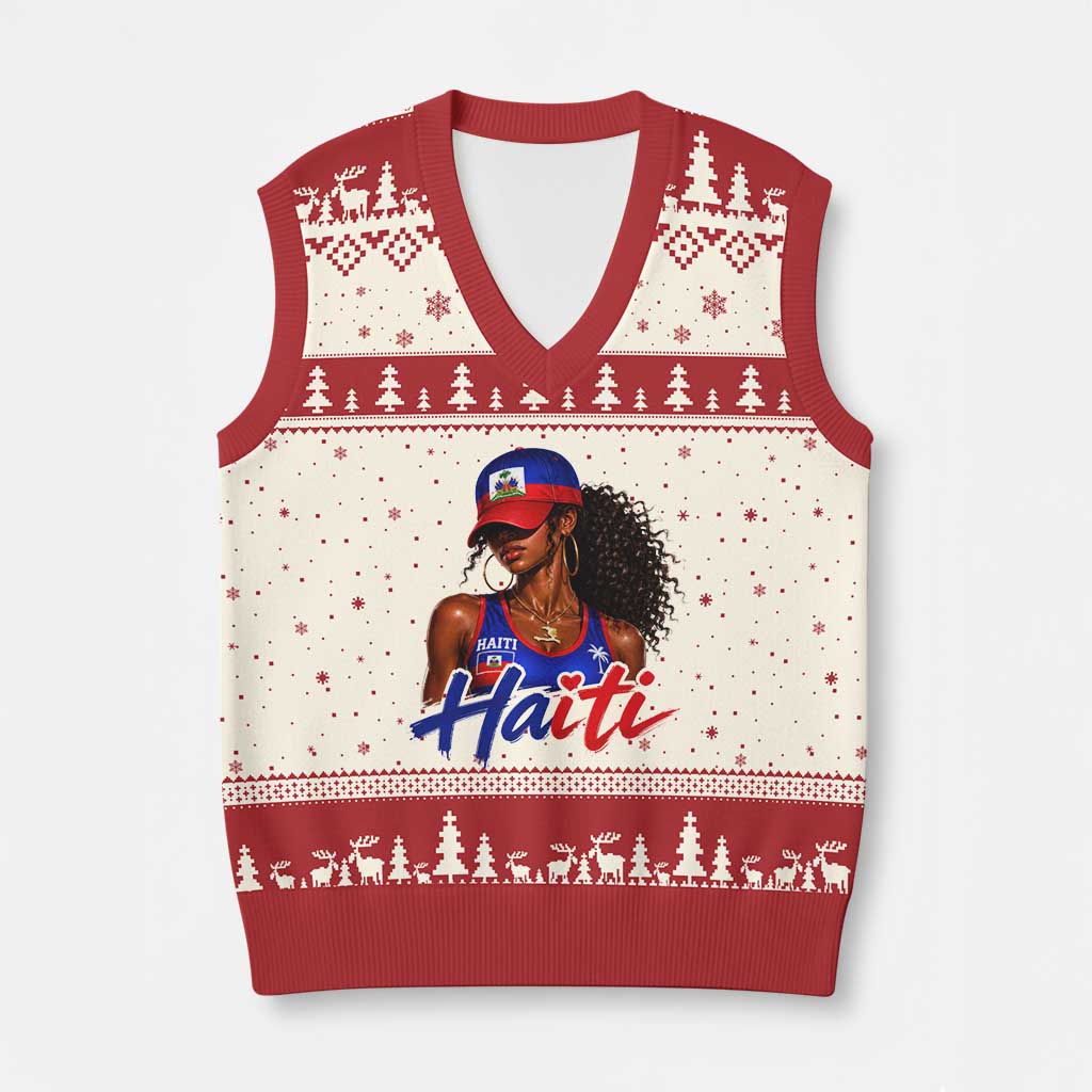 Haitian Girl V-Neck Knit Sweater Vest Melanin Black Girls Haiti Flag Proud Haitienne TS10 Beige Red Print Your Wear
