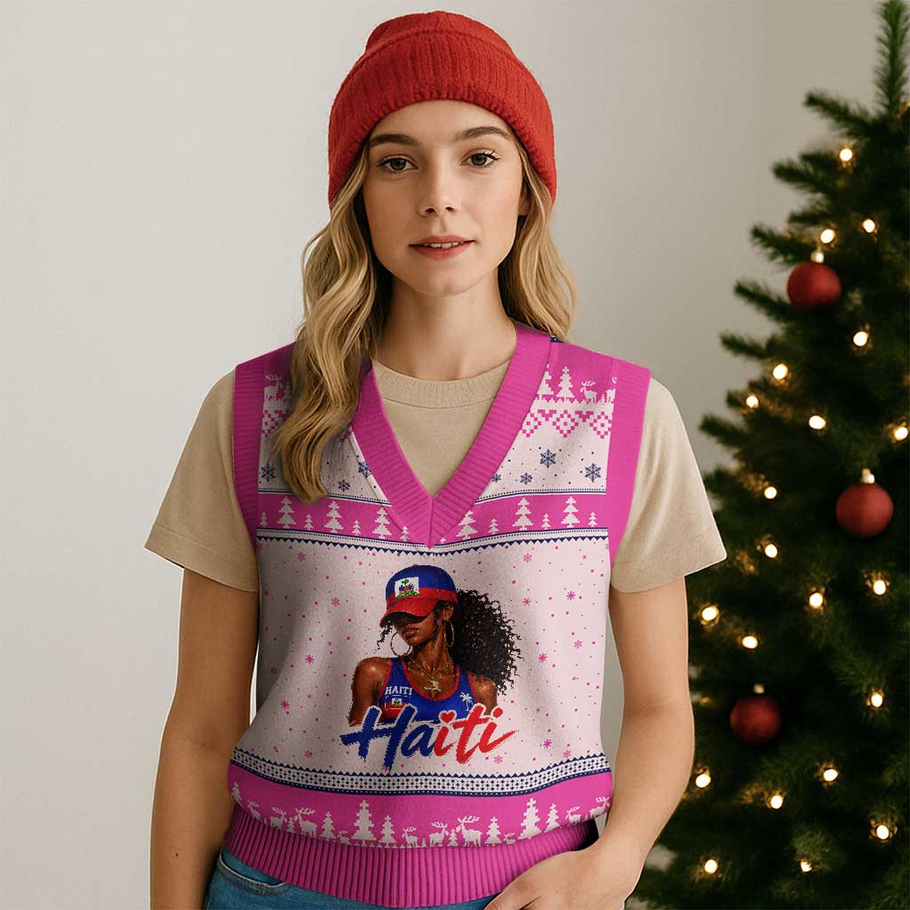 Haitian Girl V-Neck Knit Sweater Vest Melanin Black Girls Haiti Flag Proud Haitienne TS10 Hot Pink Print Your Wear